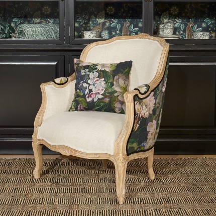 VICTOR GRAPHITE - Régence style bergère armchair, printed linen and premium linen, solid wood, 1 seat