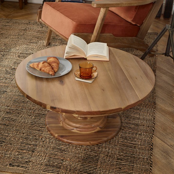 TODD - Round coffee table, chalet style, solid wood central leg, 80 cm