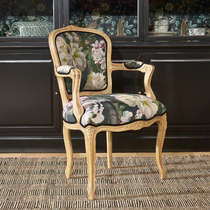 LOUVRE GRAPHITE – Romantic-style cabriolet armchair in linen fabric and solid wood, 1 seater