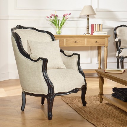 VICTOR NIGHT - Shabby chic style armchair in wood, black color and premium linen fabric, 1 seat