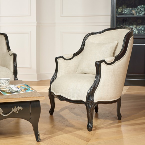 VICTOR NIGHT - Shabby chic style armchair in wood, black color and premium linen fabric, 1 seat