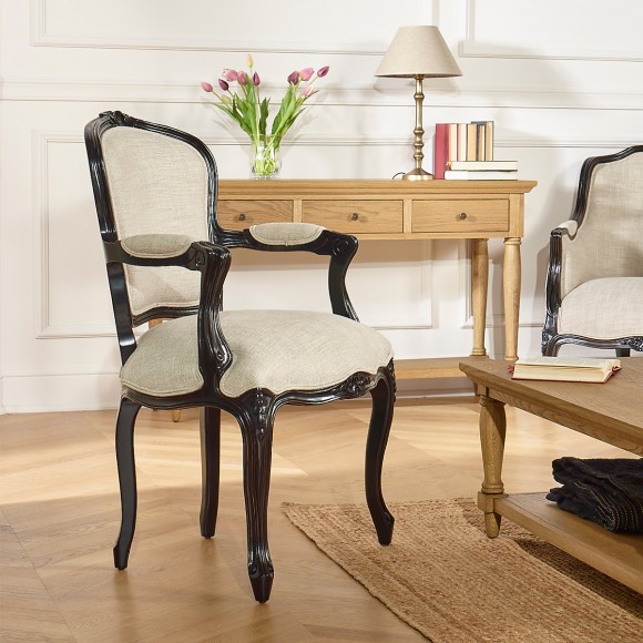 LOUVRE NIGHT - Louis XV style armchair in black and white, made of solid wood and linen fabric, 1 seat