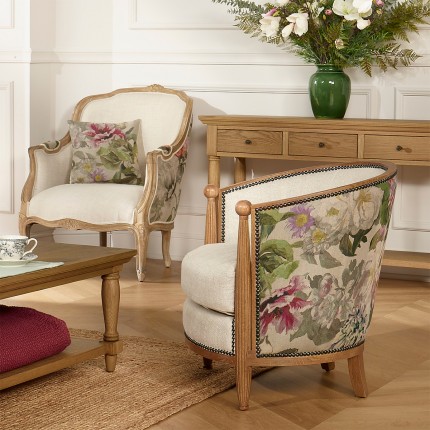 CAROLE COUNTRY – Barrel armchair in solid wood, premium linen and floral fabric, 1 seat