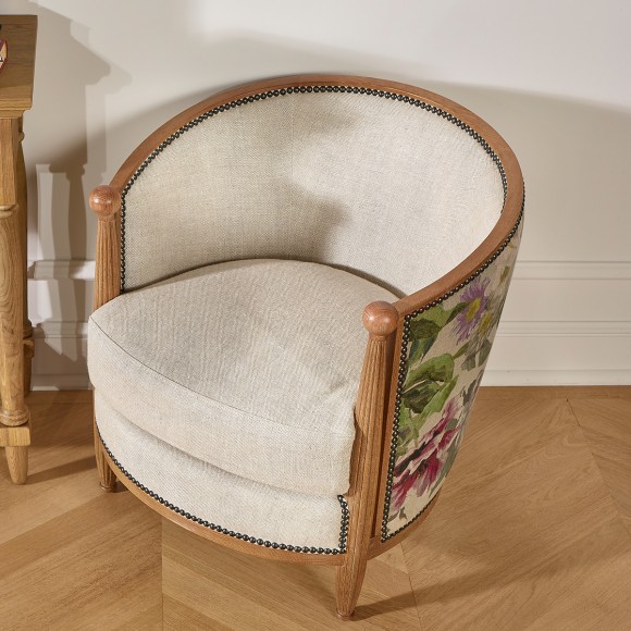 CAROLE COUNTRY – Fauteuil tonneau en bois massif, lin premium et tissu fleuri, 1 place