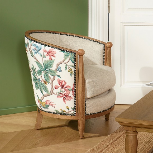 CAROLE LOPHURA – Romantic style barrel chair in wood, premium linen fabric and floral fabric, 1 seat