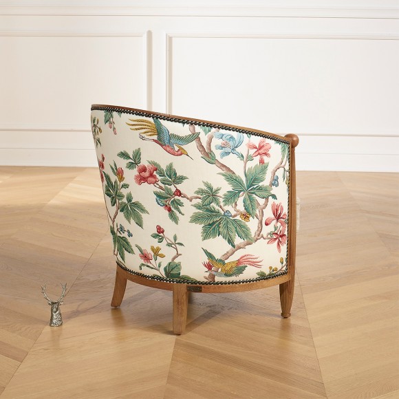 CAROLE LOPHURA – Romantic style barrel chair in wood, premium linen fabric and floral fabric, 1 seat