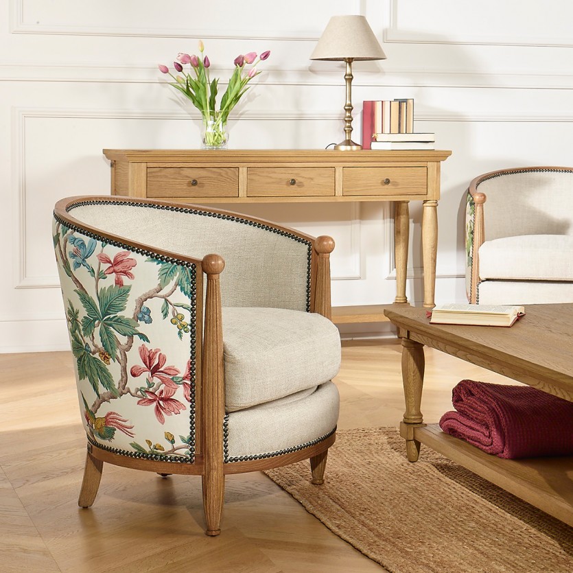 CAROLE LOPHURA – Romantic style barrel chair in wood, premium linen fabric and floral fabric, 1 seat