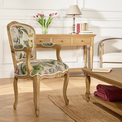 LOUVRE COUNTRY – Fauteuil cabriolet style romantique en bois massif et tissu lin, 1 place