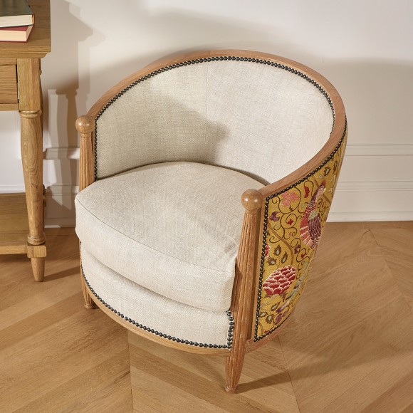 CAROLE ART DECO - Shabby chic style armchair in oak, cotton linen, and mustard fabric, single seat