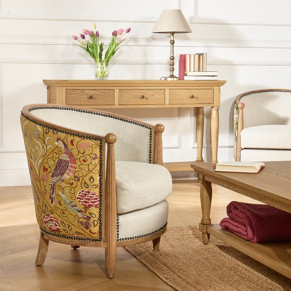 CAROLE ART DECO - Shabby chic style armchair in oak, cotton linen, and mustard fabric, single seat