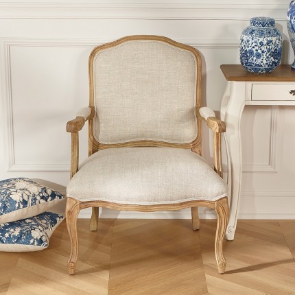 INES – Sillón cabriolé estilo Luis XV en madera y tela de lino premium, 1 plaza