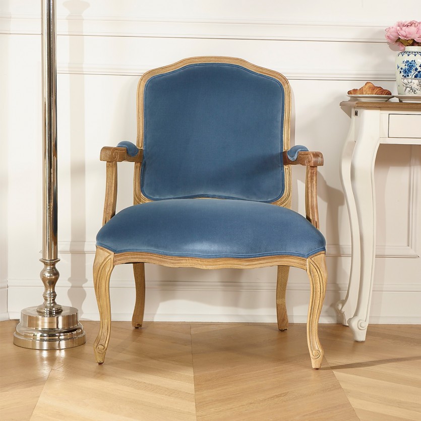 INES – Louis XV style armchair in wood and 100% cotton fabric Blue Louis, 1 seat