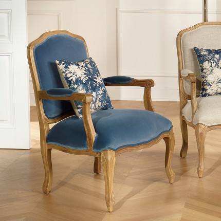 INES – Louis XV style armchair in wood and 100% cotton fabric Blue Louis, 1 seat