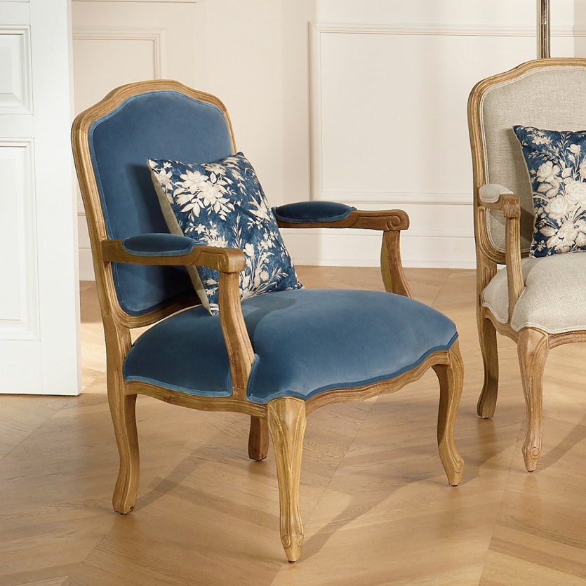 INES – Louis XV Stil Sessel aus Holz und 100% Baumwollstoff in Louis Blau, 1 Platz