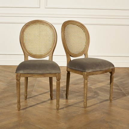 MEDAILLON - Lot de 2 chaises, bois, cannage et velours