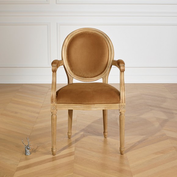 MEDAILLON - Shabby chic style cabriolet armchair in solid wood and velvet fabric, FSC® certified wood, 1 seat