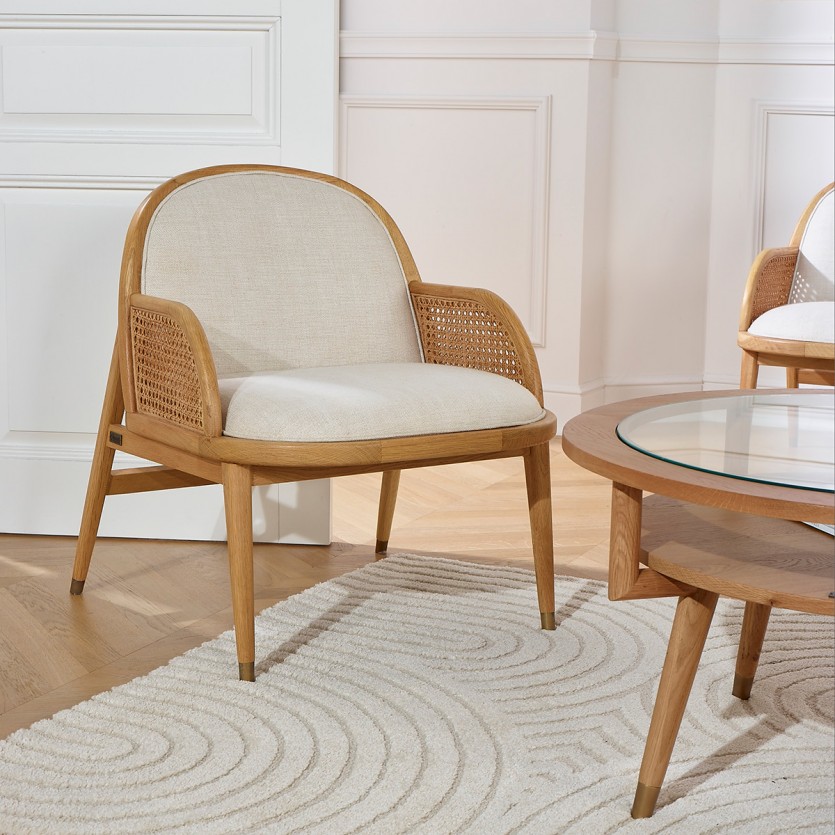 MARCEL - Contemporary style armchair in cane, oak, and linen, 1 seat