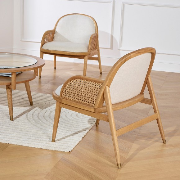 MARCEL - Contemporary style armchair in cane, oak, and linen, 1 seat