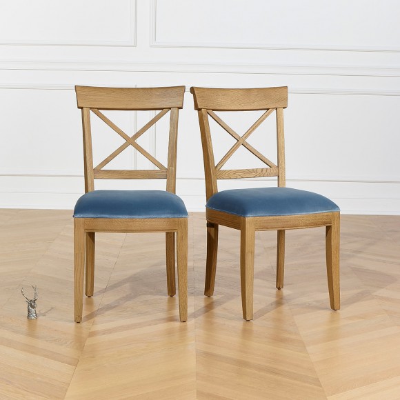 PORT ROYAL - Shabby chic style dining chairs in oak and velvet fabric, set of 2