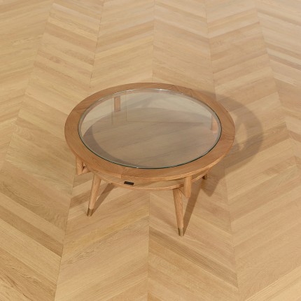 MANHATTAN - Round double-tier coffee table, modern style in oak and tempered glass, FSC® certified wood