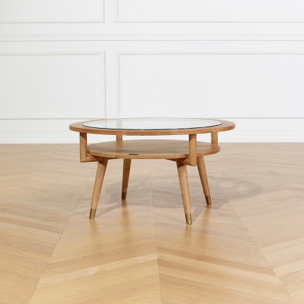 MANHATTAN – Runder Couchtisch mit doppelter Ablage, moderner Stil in Eiche und gehärtetem Glas, FSC®-zertifiziertes Holz