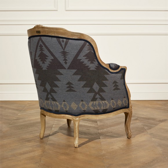 VICTOR APACHE - Poltrona bergère stile shabby chic, lana stampata e lino premium, legno massiccio, 1 posto