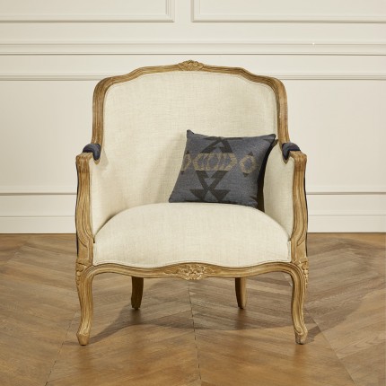 VICTOR APACHE - Poltrona bergère stile shabby chic, lana stampata e lino premium, legno massiccio, 1 posto