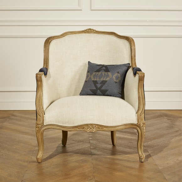 VICTOR APACHE - Shabby chic style bergère armchair, printed wool and premium linen, solid wood, 1 seat