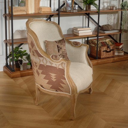 VICTOR COMANCHE - Sillón bergère de estilo contemporáneo, lana estampada y lino natural, madera maciza, 1 plaza