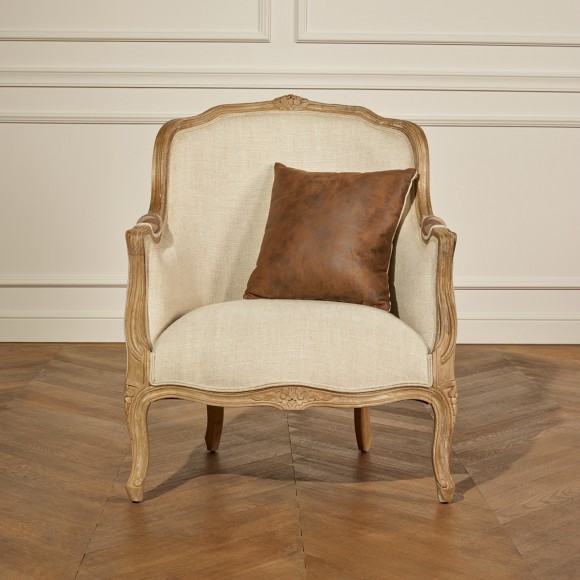 VICTOR COMANCHE - Sillón bergère de estilo contemporáneo, lana estampada y lino natural, madera maciza, 1 plaza