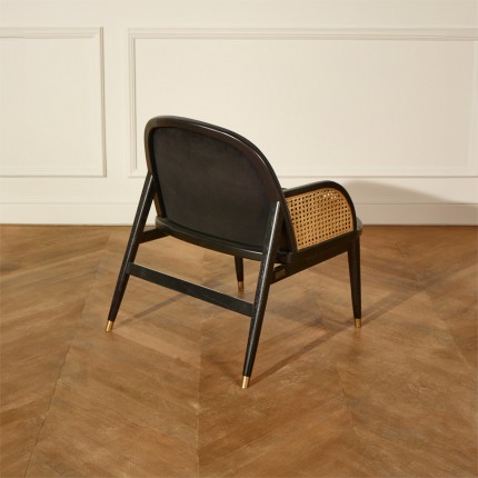 MARCEL - Poltrona in stile contemporaneo in legno massiccio, rattan e velluto nero, 1 posto