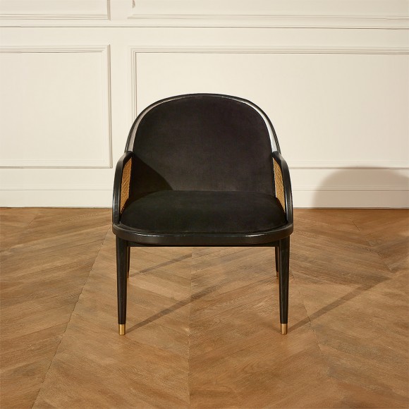 MARCEL - Poltrona in stile contemporaneo in legno massiccio, rattan e velluto nero, 1 posto