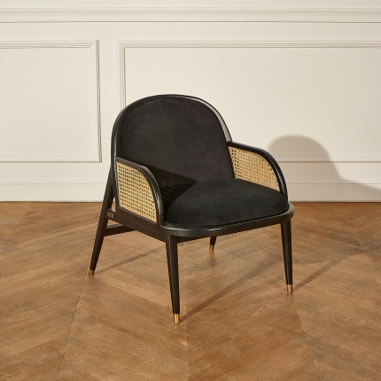 MARCEL - Poltrona in stile contemporaneo in legno massiccio, rattan e velluto nero, 1 posto