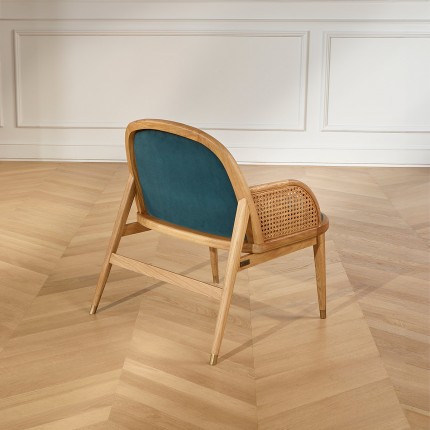 MARCEL - Scandinavian style armchair in oak, rattan, and velvet, 1 seat