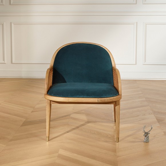 MARCEL - Scandinavian style armchair in oak, rattan, and velvet, 1 seat