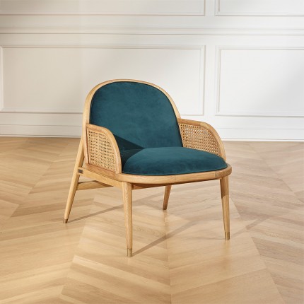 MARCEL - Scandinavian style armchair in oak, rattan, and velvet, 1 seat