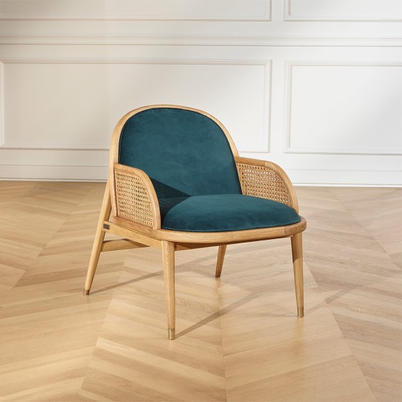 MARCEL - Poltrona stile scandinavo in rovere, rattan e velluto, 1 posto