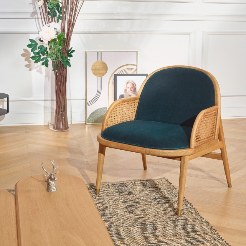 MARCEL - Poltrona stile scandinavo in rovere, rattan e velluto, 1 posto