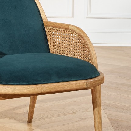 MARCEL - Scandinavian style armchair in oak, rattan, and velvet, 1 seat