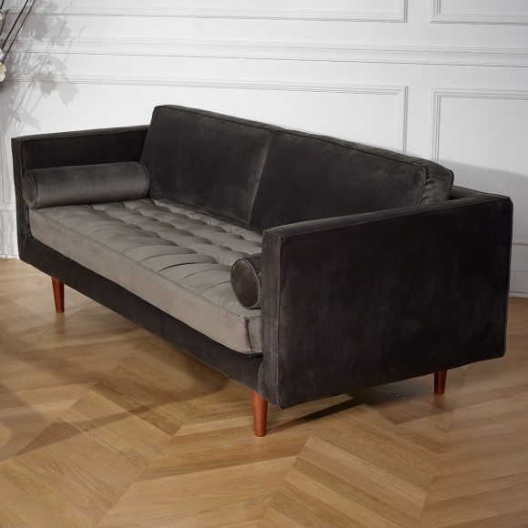 JONAS - Scandinavian style sofa in velvet and wood, tufted seat, 3-seater