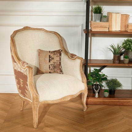 VICTOR COMANCHE - Sillón bergère de estilo contemporáneo, lana estampada y lino natural, madera maciza, 1 plaza