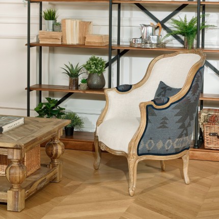 VICTOR APACHE - Ohrensessel im Shabby-Chic-Stil, bedruckte Wolle und Premium-Leinen, Massivholz, 1 Platz