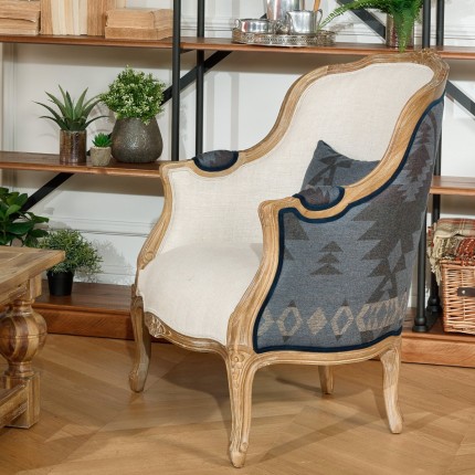 VICTOR APACHE - Ohrensessel im Shabby-Chic-Stil, bedruckte Wolle und Premium-Leinen, Massivholz, 1 Platz