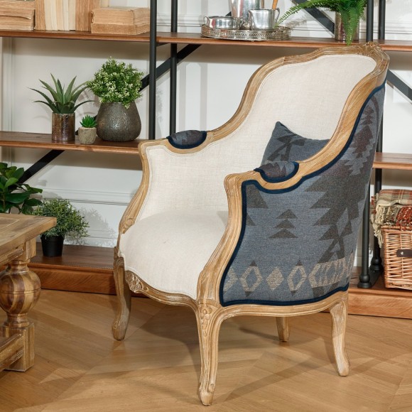 VICTOR APACHE - Sillón bergère estilo shabby chic, lana estampada y lino premium, madera maciza, 1 plaza