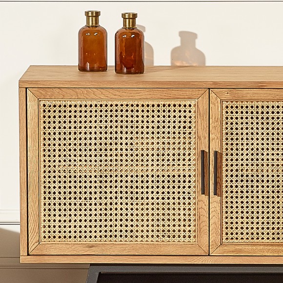 LALALA - Low sideboard in oak, caning, metal, 2 drawers, 2 doors, 170 cm