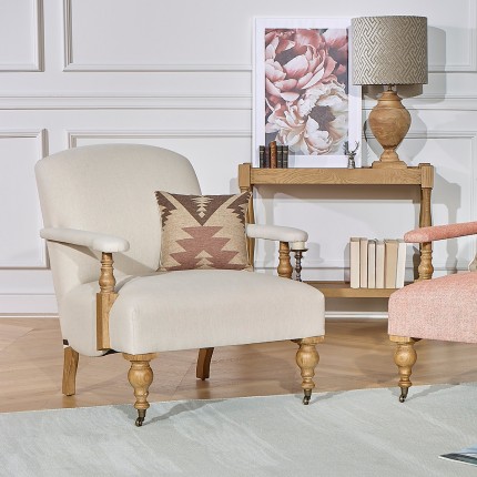 ANDREW - English-style armchair in oak and linen fabric, 1 seat