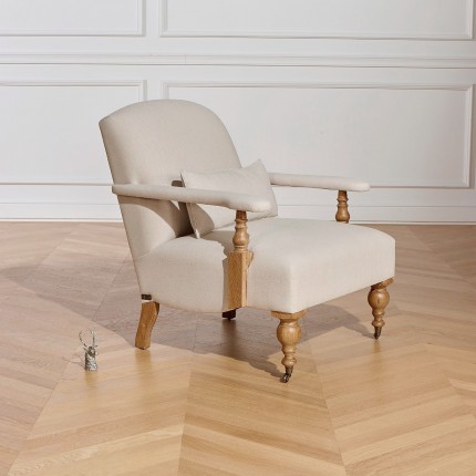 ANDREW - English-style armchair in oak and linen fabric, 1 seat