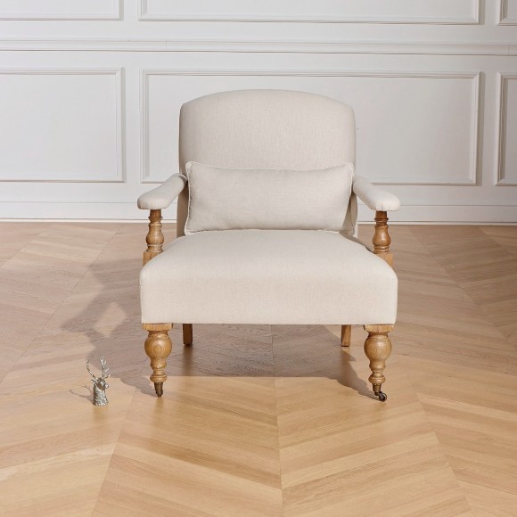 ANDREW - English-style armchair in oak and linen fabric, 1 seat