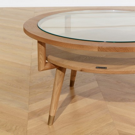 MANHATTAN – Runder Couchtisch mit doppelter Ablage, moderner Stil in Eiche und gehärtetem Glas, FSC®-zertifiziertes Holz