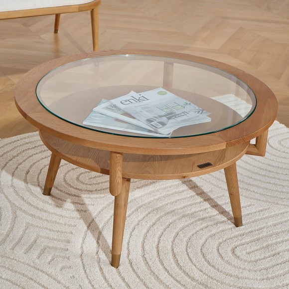 MANHATTAN - Round double-tier coffee table, modern style in oak and tempered glass, FSC® certified wood